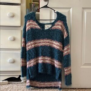 O’Neill Fuzzy Teal and Pink V-Neck Sweater